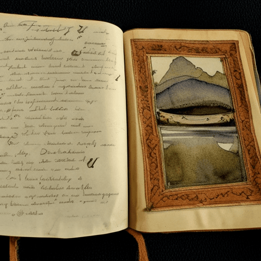 Book with Writing picture of landscape and water